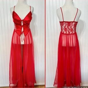 Y2K Elegant Moments Red Sheer Lace Maxi Lingerie Dress w/ Sheer Panty ♥️